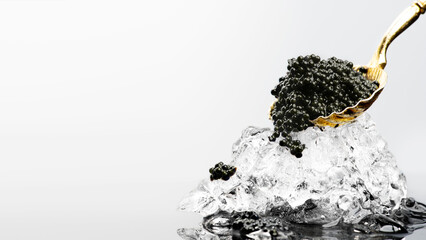 Black Caviar in golden spoon on ice. High quality natural sturgeon black caviar close-up....