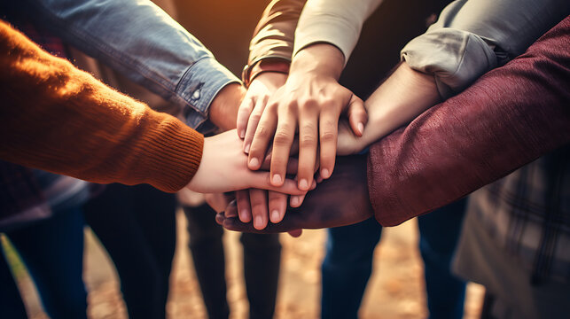 a touching image of a diverse group of friends from various racial backgrounds, standing hand in hand in a circle, symbolizing unity, friendship, and the strength of diversity