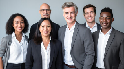 Successful multiracial business team standing together in office wall. 