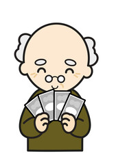 お札を手にして喜ぶお爺さん