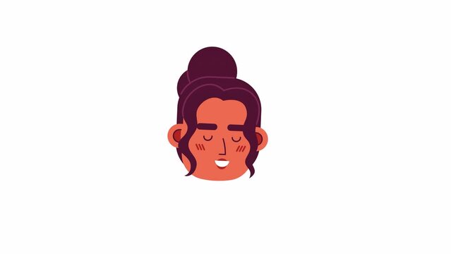 Peaceful latina woman 2D avatar icon animation. Tipping head down flat cartoon 4K video, transparent alpha channel. Young adult female hispanic animated person facial expression on white background