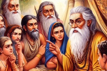 Fototapeta premium an old Hindu rishi or sadhu educating young people in ancient India