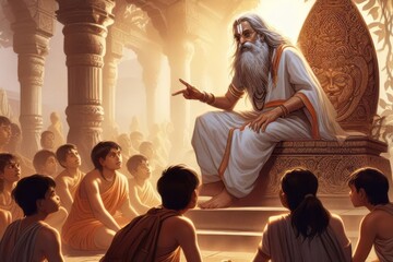 an old Hindu rishi or sadhu educating young people in ancient India - obrazy, fototapety, plakaty