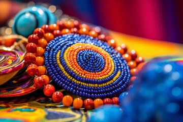 Colorful African beadwork, necklaces, bangles and bracelets - obrazy, fototapety, plakaty
