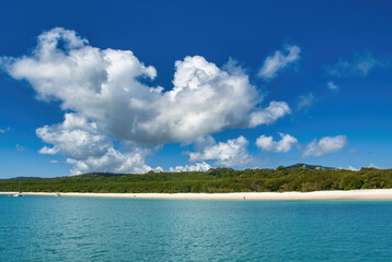 Aerial view of Whitehaven Beach and Hill Inlet estuary. Tropical beach paradise background of turquoise blue water and Coral Sea beach - Australia