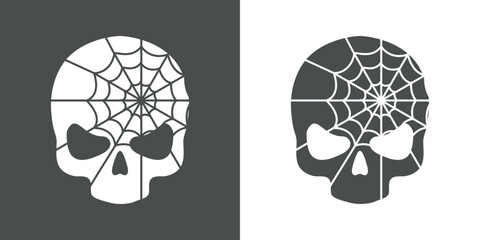Logo con silueta de calavera con tela de araña para su uso en invitaciones y tarjetas de Halloween - obrazy, fototapety, plakaty