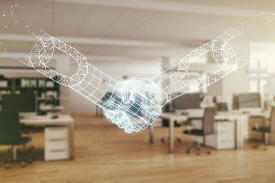 Abstract virtual block chain technology hologram with handshake on a modern furnished classroom background, cryptography and decentralization concept. Multi exposure