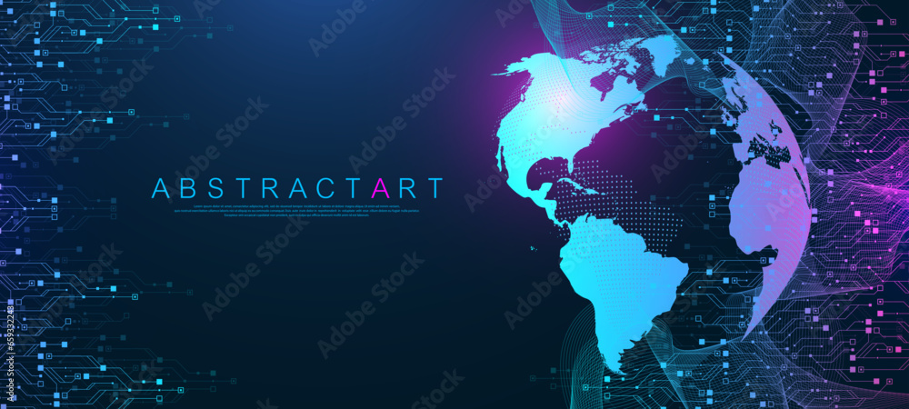 Fototapete Quantum computer technologies concept. Futuristic blue circuit board background vector. Modern technology circuit board texture background design. Waves flow. Quantum explosion technology.