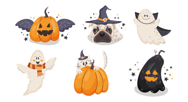A set of smiling and funny Halloween illustrations: a pumpkin, a ghost, a cat, a dog in a witch's hat. Vector cartoon cute illustration in hand drawn style