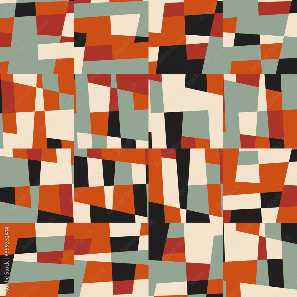 Poster Abstract geometric vector background with random pattern of simple shapes like rectangle, square, triangle and polygon. Pastel colored retro style colorful mosaic.