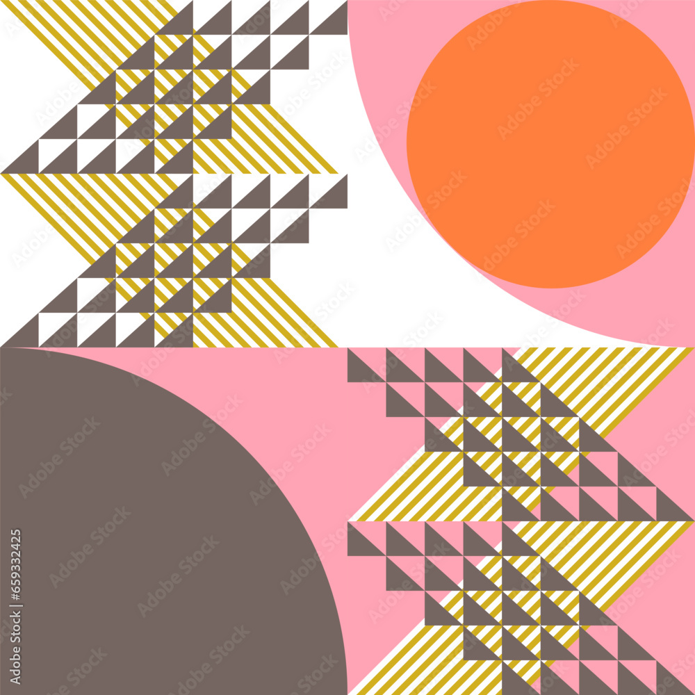 Poster Modern abstract geometric  vector seamless pattern with simple elements and shapes like circle, square and triangle. Graphic pastel colored minimalist background.