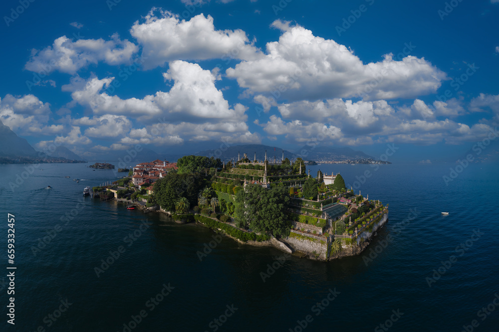 Wall mural aerial view of isola bella drone panoramic view. lake maggiore, island, isola bella, italy. panorama