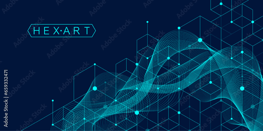 Poster Technology abstract lines and dots connect background with hexagons. Hexagons connection digital data and big data concept. Hex digital data visualization. Vector illustration