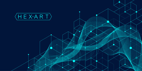 Technology abstract lines and dots connect background with hexagons. Hexagons connection digital data and big data concept. Hex digital data visualization. Vector illustration