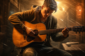 Obraz premium photo of man He skillfully played a haunting melody on his acoustic guitar
