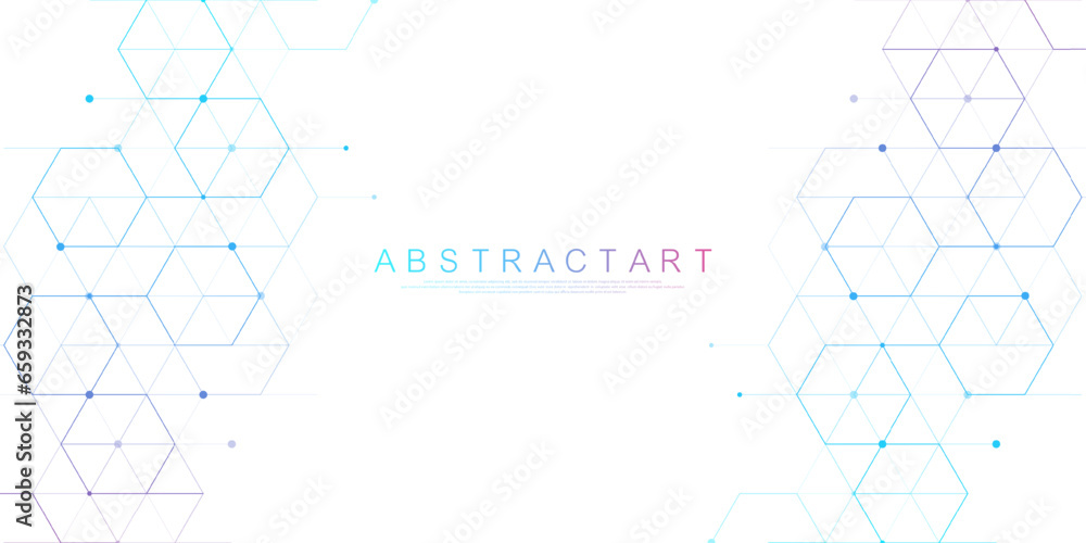 Poster Technology abstract lines and dots connect background with hexagons. Hexagons connection digital data and big data concept. Hex digital data visualization. Vector illustration