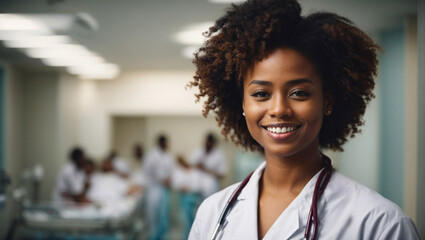 Ritratto di una dottoressa di origini africane in ospedale, sorridente e professionale - obrazy, fototapety, plakaty