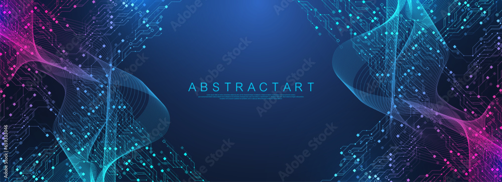 Poster Quantum computer technologies concept. Futuristic blue circuit board background vector. Modern technology circuit board texture background design. Waves flow. Quantum explosion technology.