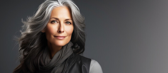 Adult woman with smooth healthy skin. Beautiful aging mature woman with long gray hair and happy shy smiling. Beauty and cosmetics skincare advertising concept. With copy space.