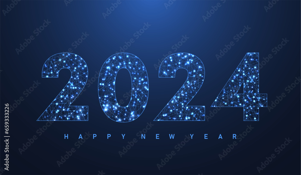 Aufkleber Modern futuristic technology template banner or cover for Merry Christmas and Happy New Year 2024 with connected lines and dots. Plexus geometric effect. Global network connection. Vector illustration