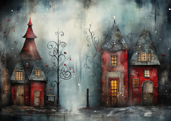 whimsical winter christmas landscape with houses and gate , background 