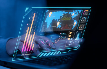 data management concept . Data management with KPIs and indicators connected to databases for finance, technology, operations, sales, marketing. Analysts use computers and dashboards for business 