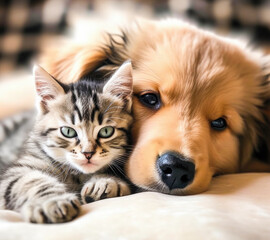 Fototapeta na wymiar Cute puppy and kitten lie together