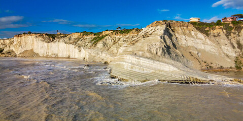 Aerial drone viewpoint on Stair of the Turks. Scala dei Turchi is a rocky cliff on the southern...