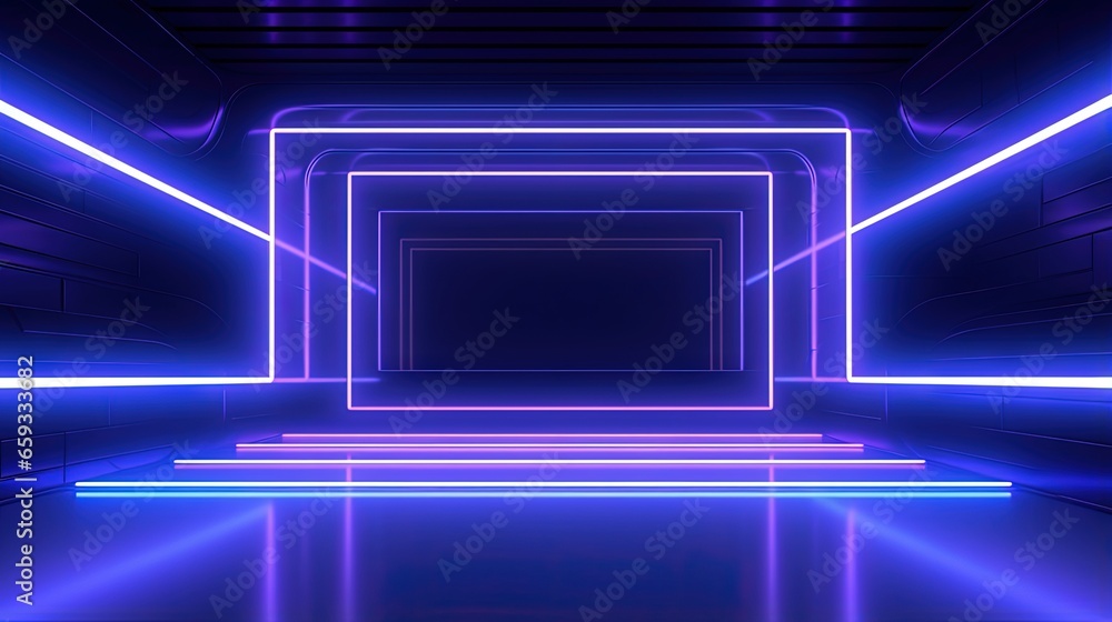 Poster 3d render, abstract panoramic background with neon lines glowing in ultraviolet spectrum. Empty virtual room, square frame