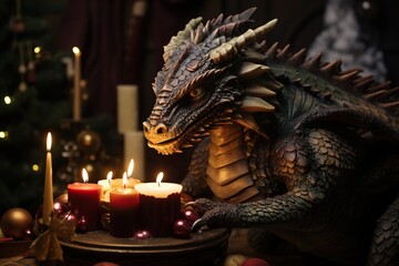 The dragon lights a Christmas candle. Fantasy style dragon. New Year 2024