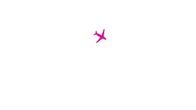 Animated magenta plane flies along a trajectory. Concept airplane travel, trip, journey, tour. Looped video. Pink vector illustration isolated on white background.
