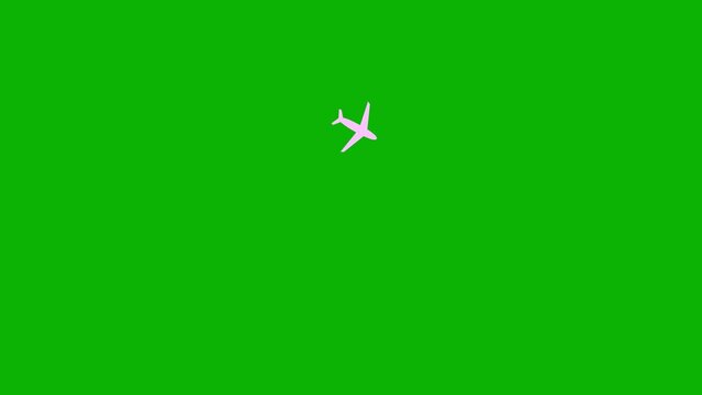 Animated pink plane flies along a trajectory. Concept airplane travel, trip, journey, tour. Looped video. Vector illustration isolated on green background.