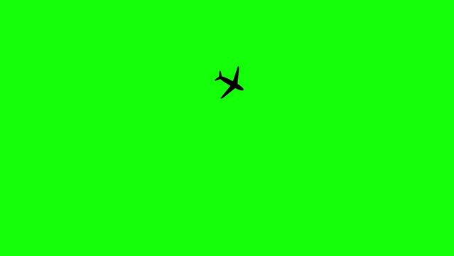Animated black plane flies along a trajectory. Concept airplane travel, trip, journey, tour. Looped video. Vector illustration isolated on green background.