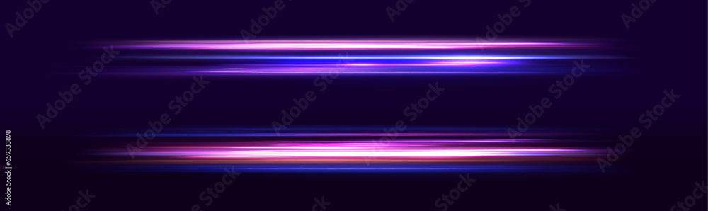 Aufkleber Abstract light lines of movement and speed in neon color. Beautiful glow light flare and spark. Red blue special effect, speed police line. Car road silhouette with light and motion effect. 