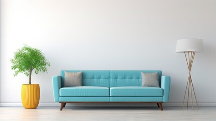 Living room wall mockup in bright tones with have sofa and lamp with white wall background.3d rendering