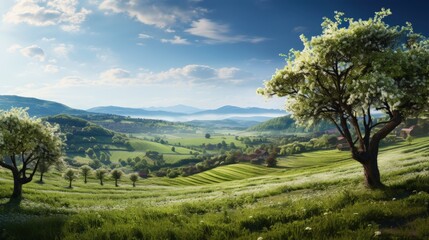 Cherry tree plantage in Upper Austria with a view of the vast fertile land - obrazy, fototapety, plakaty