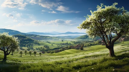 Cherry tree plantage in Upper Austria with a view of the vast fertile land