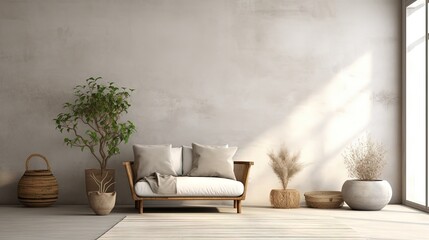 Fototapeta na wymiar Boho style interior with gray sofa and armchair on cream color wall background.3d rendering
