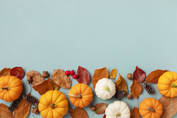 Happy Thanksgiving holiday background from autumn foliage, pumpkins and fall decorations top view.  .