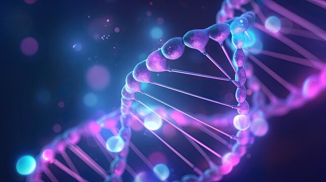 Three-dimensional molecule on blue-violet background. DNA molecule as symbol genetic engineering. 3d illustration on topic of RNA research. Study of human DNA and RNA. Background 3d with DNA malecule