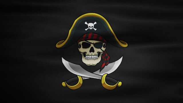 Animated waving black skull and cross swords pirate flag. Pirate, ocean, sailboat.