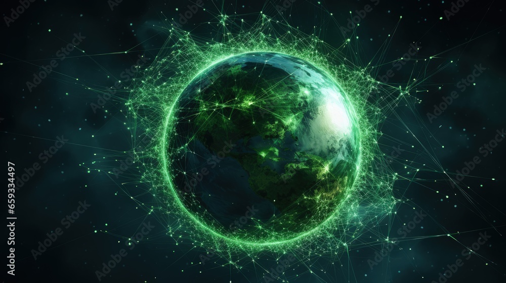 Fototapete Virtual planet Earth with particles and lines. Network connection big data. Abstract technology green background. 3D rendering.