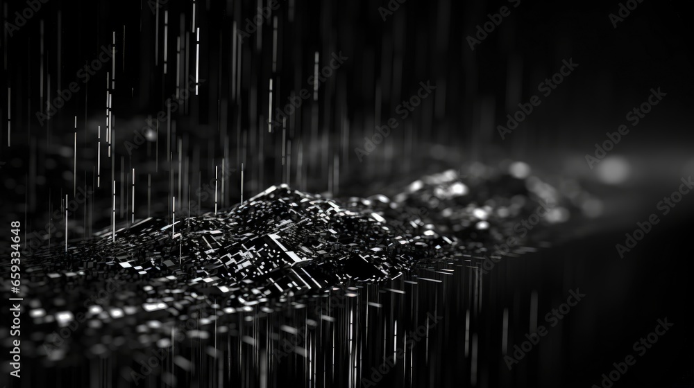 Poster Data stream. Big data 3D illustration. Neural network and cloud technologies. Global database and artificial intelligence. Bright, black and white background with bokeh effect