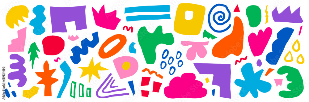 Wall mural abstract set of colorful hand drawn various shapes, curls, forms and doodle objects. trendy vector i