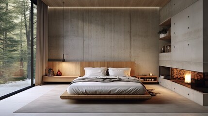 3D rendering of modern villa bedroom with concrete walls and tidy bed
