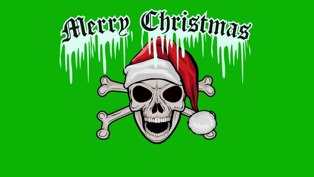 cartoon animation, Xmas sign with skull in hat of Santa Claus with chroma key