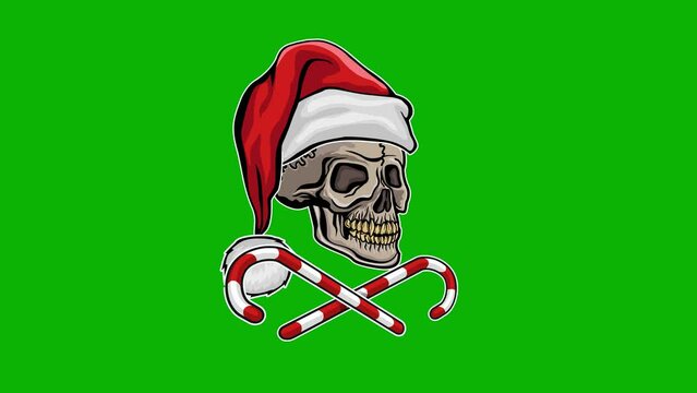 cartoon animation, Xmas sign with skull in hat of Santa Claus with chroma key