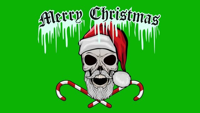 cartoon animation, Xmas sign with skull in hat of Santa Claus with chroma key