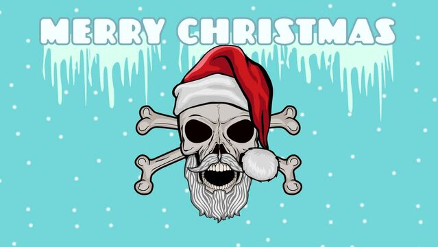 cartoon animation, Xmas sign with skull in hat of Santa Claus with chroma key