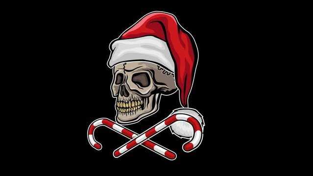 cartoon animation, Xmas sign with skull in hat of Santa Claus with chroma key